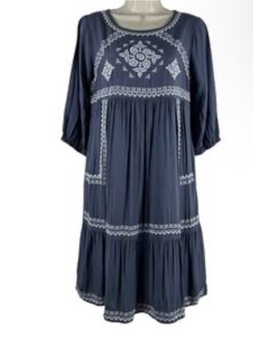 Classic gray boho pologram embroidery tiered ruffle babydoll SZM Bohemian dress